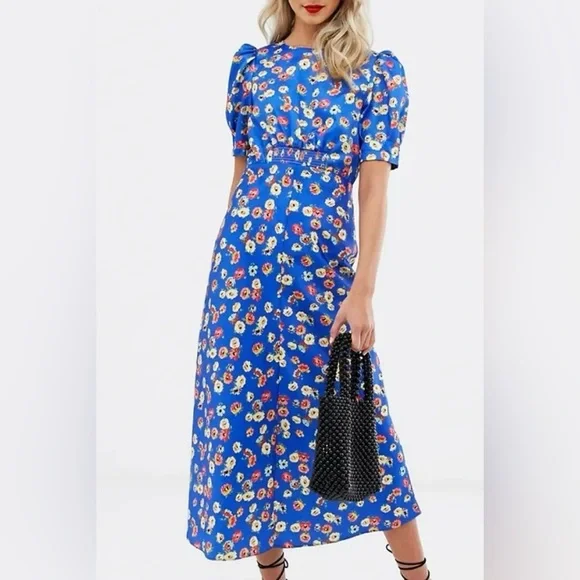NWT ASOS blue floral midi tea dress size 4 - Picture 1 of 9
